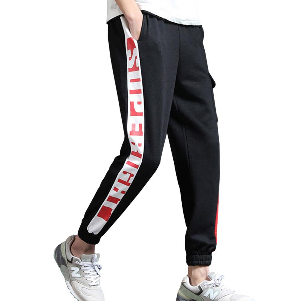 Men's Fashion Casual Loose Chemical Fiber Cotton Striped Comfortable Ankle Banded Pants GH-CR128 Size L - Black