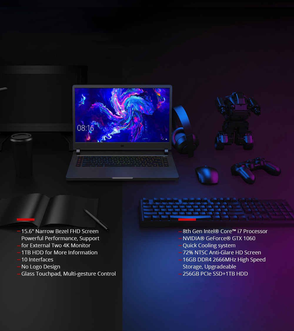 Xiaomi Mi Gaming Laptop Intel Core i5-8300H Quad Core 15.6" 72% NTSC FHD Screen 1920*1080 GeForce® GTX1050Ti 4GB DDR5 8GB DDR4 256GB SSD 1TB HDD - Deep Gray