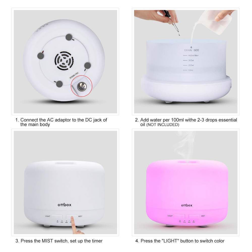 OTTBOX Multi-function Essential Oil Diffuser 400ml Waterless Auto Off 7 LED Lights Table Lamp for Children Home Yoga Office - White