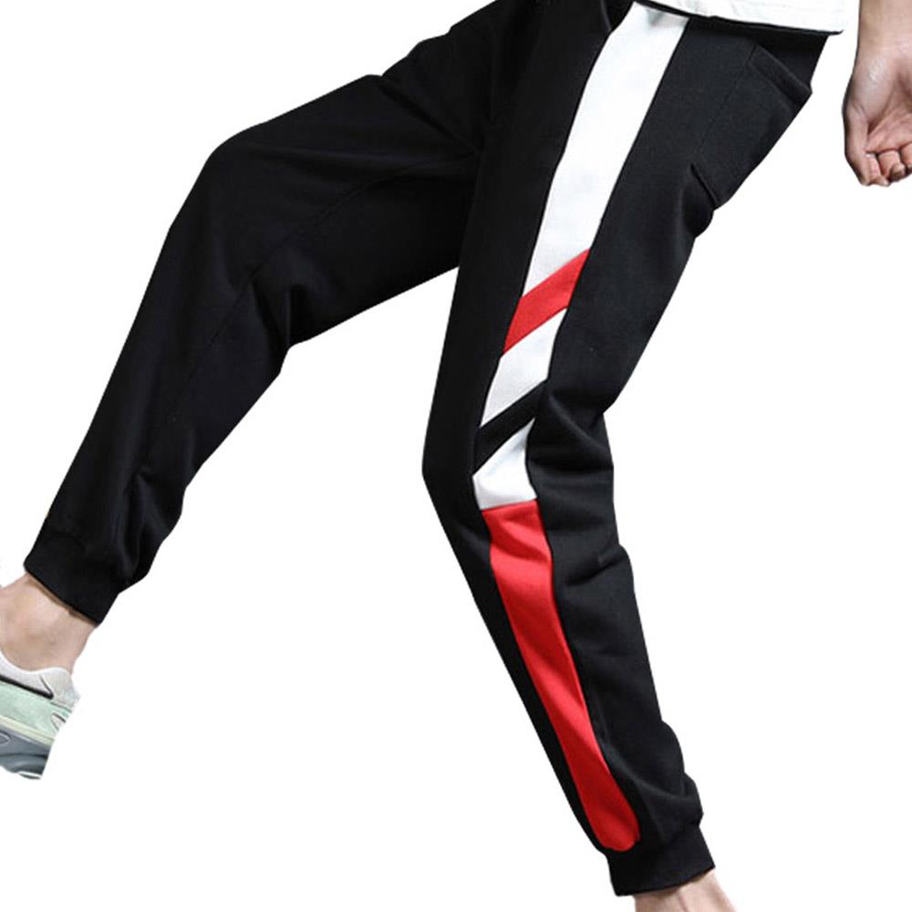 Men's Fashion Casual Loose Chemical Fiber Cotton Striped Comfortable Ankle Banded Pants Size M - Black