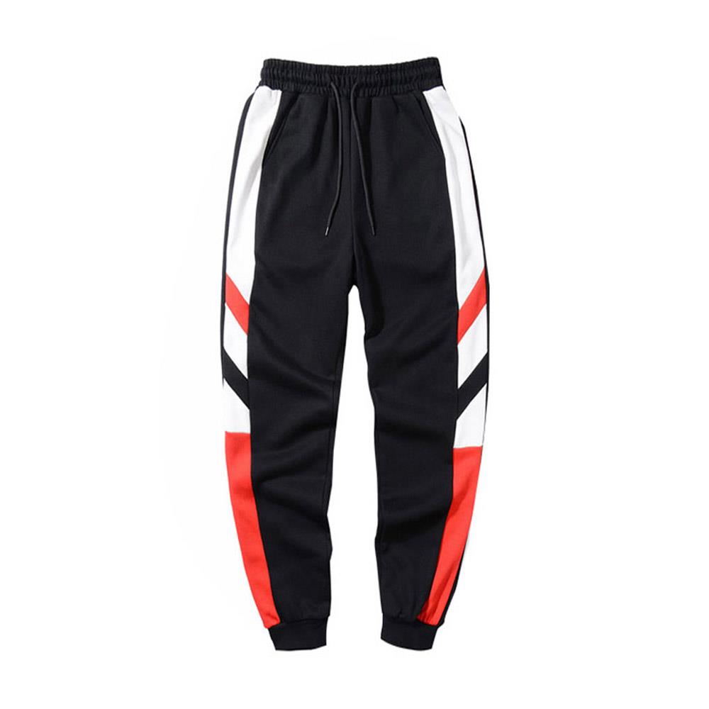 Men's Fashion Casual Loose Chemical Fiber Cotton Striped Comfortable Ankle Banded Pants Size M - Black