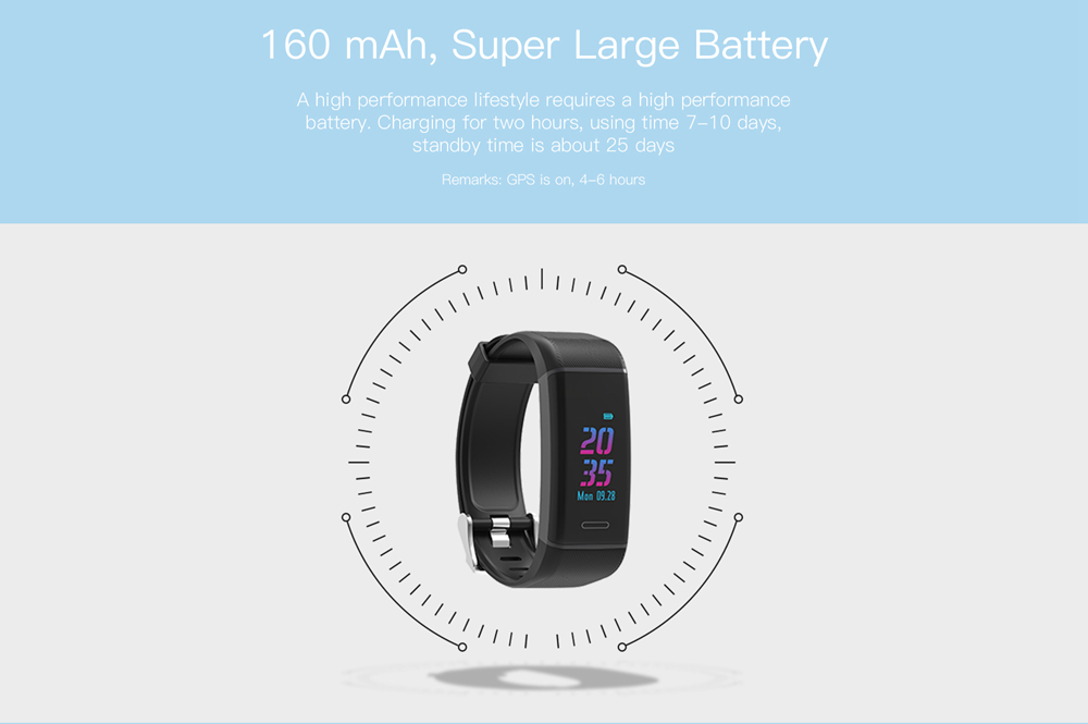 Elephone W7 Smart Bracelet 0.96 Inch TFT Color Screen Built-in GPS Heart Rate Monitor IP67 Water Resistant Multiple Sports Mode - Black