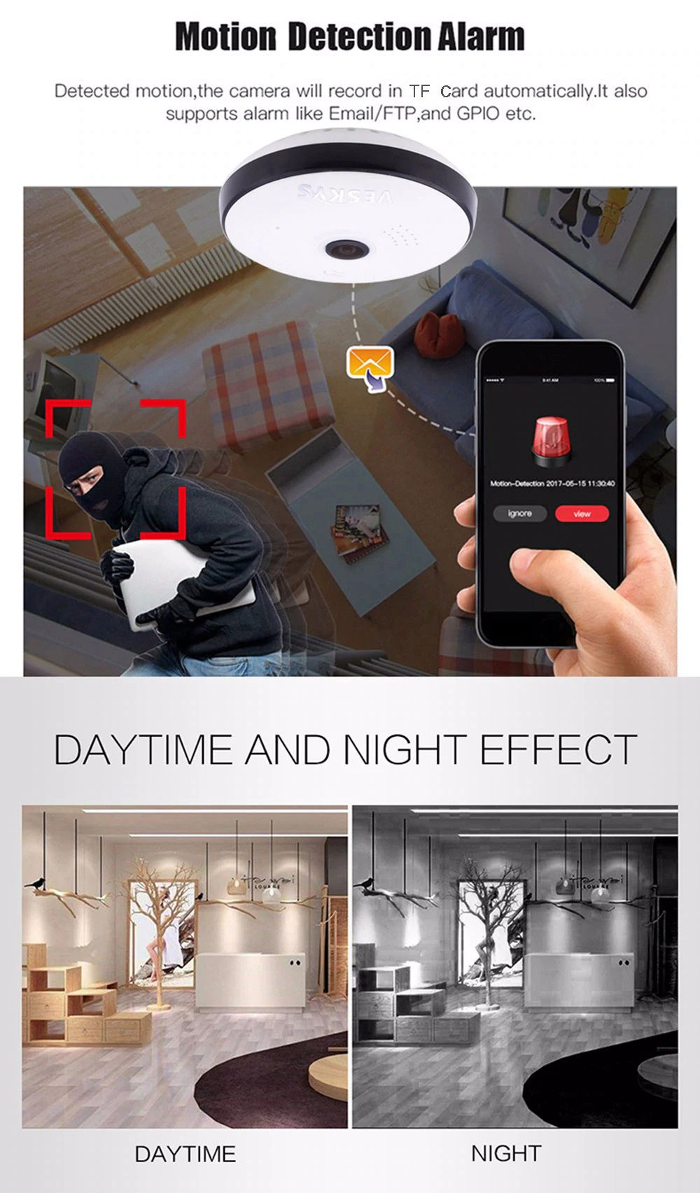 VESKYS N1 1536P 3.0MP 360 Degrees Mini HD WiFi IP Camera H.264 IR-CUT Night Vision Network Camera - Black EU Plug