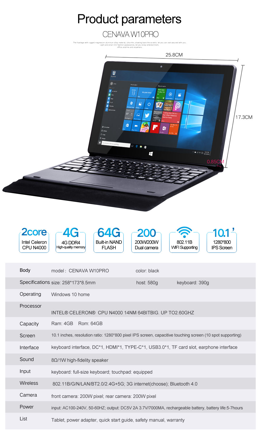 Cenava W10 Pro Tablet PC Intel Gemini Lake N4000 Quad Core 10.1 Inch IPS Touch Screen Windows 10 4GB RAM 64GB ROM - Black