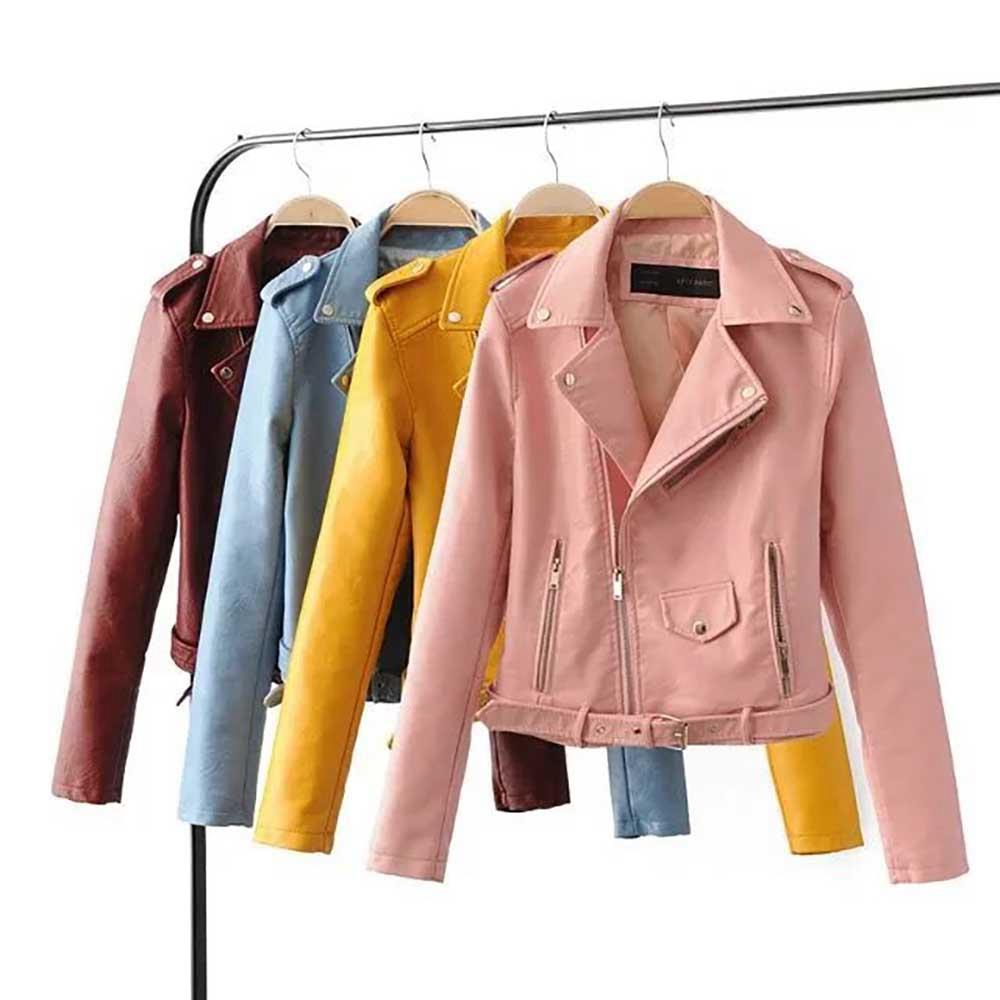 Women Autumn Casual PU Leather Short Coat Biker Jacket With Diagonal Zipper Size M - Pink