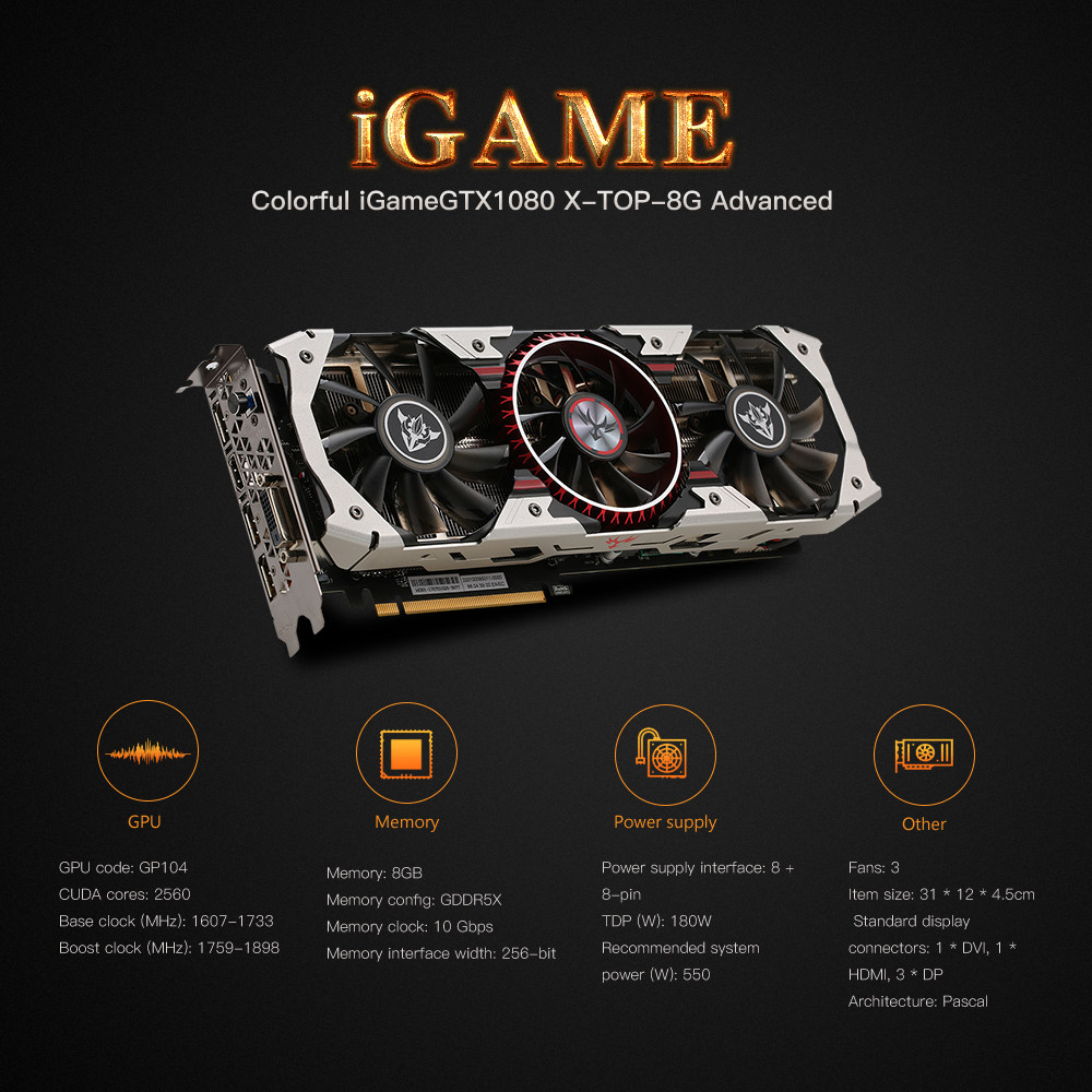 Colorful iGame GTX1080 X-8GD5X-TOP-AD-V2 Video Graphics Card 1759-1898MHz 8GB 256Bit 10Gbps/GDDR5X 2DP+2HDMI+DIV - Silver