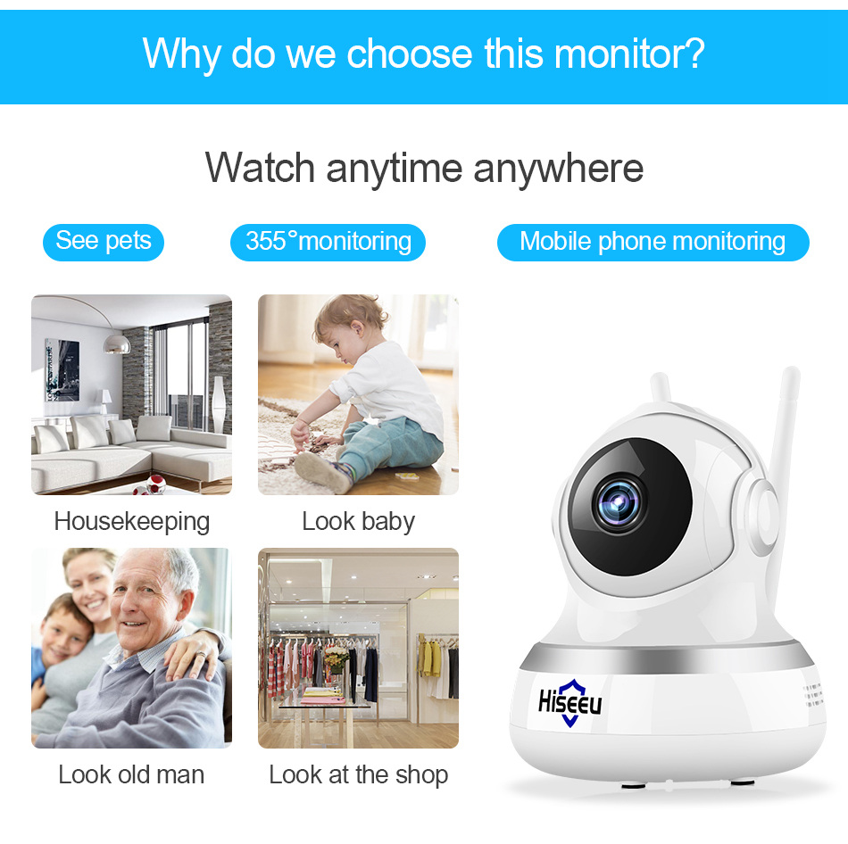 Hiseeu FE1 1080P 2MP Wifi IP Camera Video Surveillance P2P Home Security Dual-gain Antenna Cloud/TF Card Storage - White US Plug