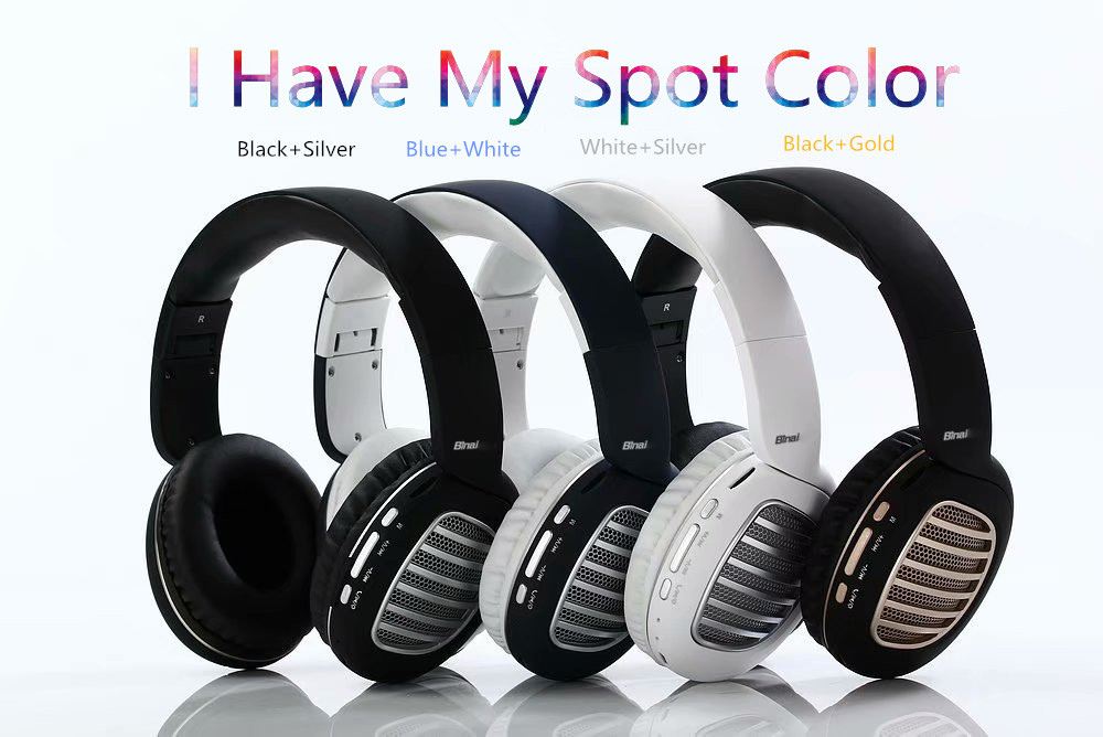 Binai V79 Wireless Bluetooth Headphones with Mic FM Radio Bass Stereo Headset for Android/IOS - Blue &White