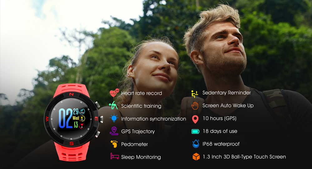 DTNO.I NO.1 F18 Sports Smartwatch 1.3 Inch TFT Touch Screen Bluetooth 4.2 IP68 Built-in GPS Heart Rate Monitor Call Message Reminder - Black