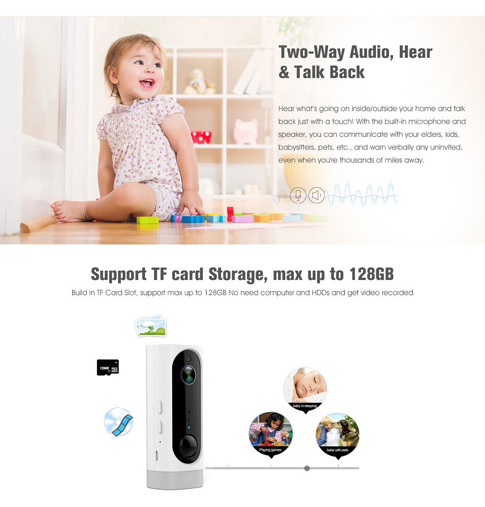 Adorbee A1 720P HD Wire-free Indoor Smart IP Camera Battery 3000mAh Two-Way Audio PIR Night Vision - White