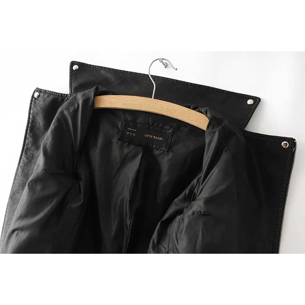 Women Autumn Casual PU Leather Short Coat With Diagonal Zipper Size M - Black