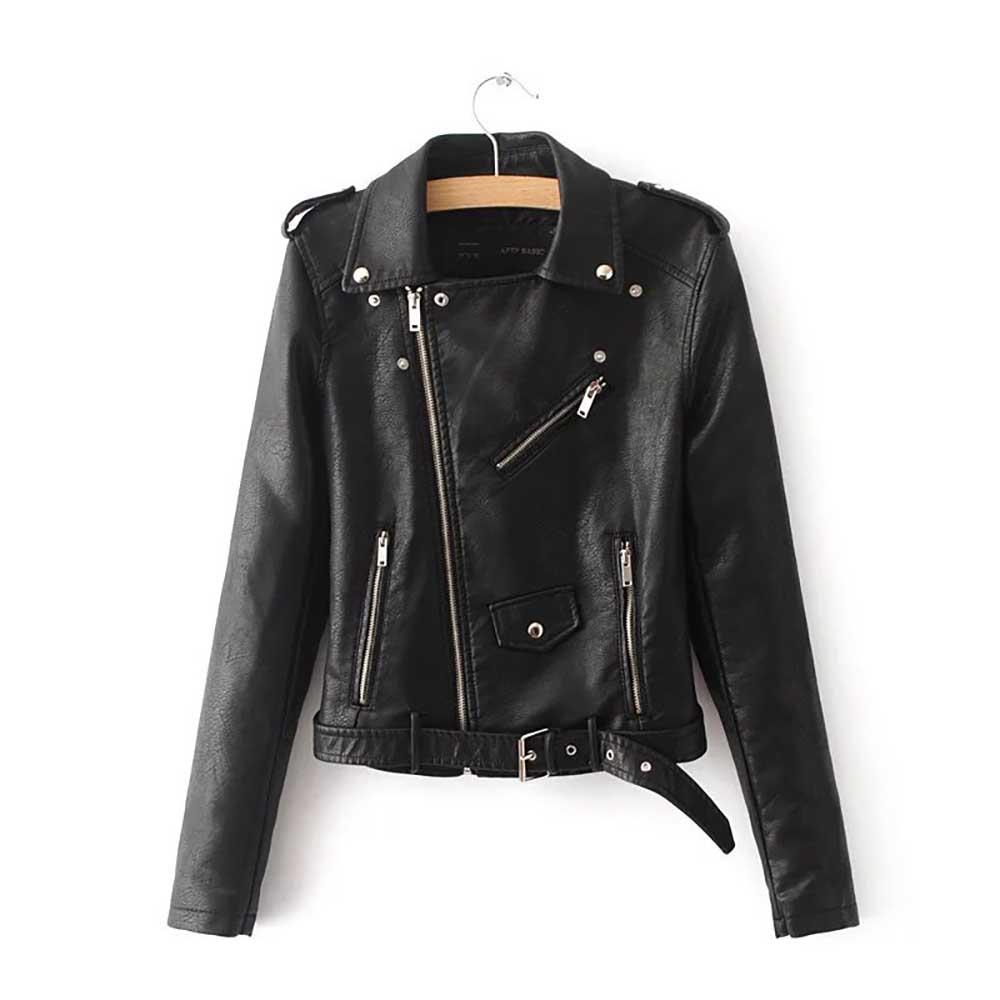 Women Autumn Casual PU Leather Short Coat With Diagonal Zipper Size M - Black