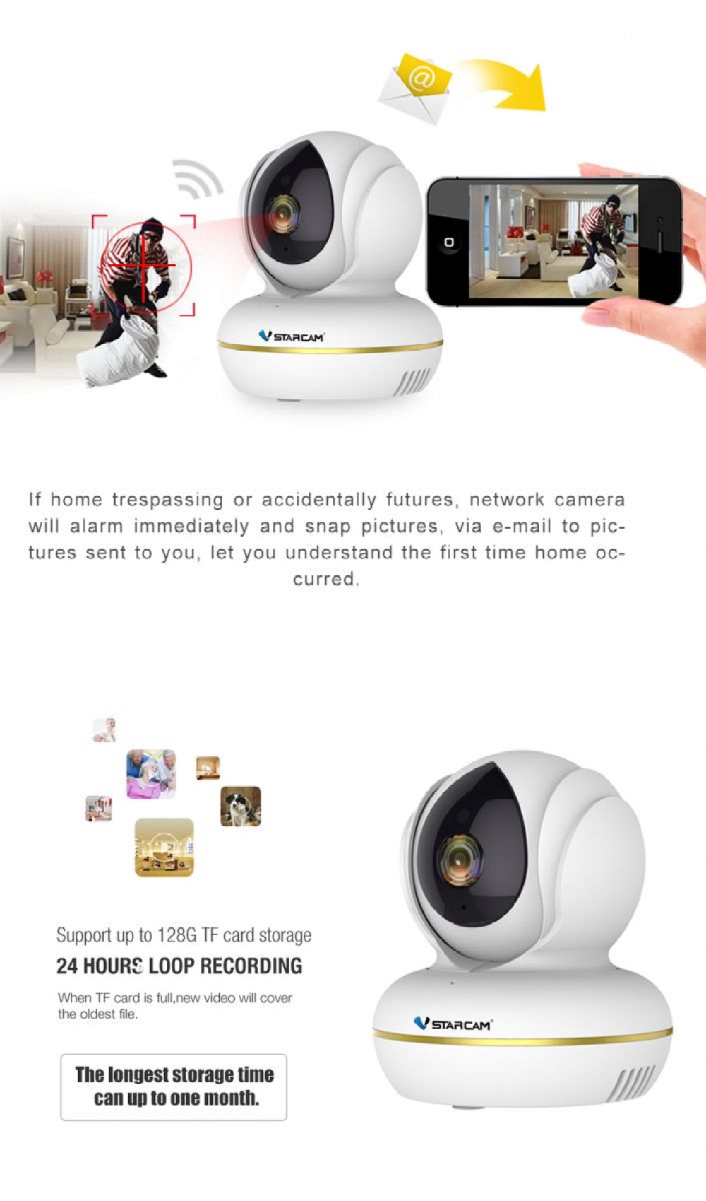 Vstarcam C22S 1080P Wifi IP Camera Infrared Night Vision Monitor Video Two-Way Audio - White US Plug