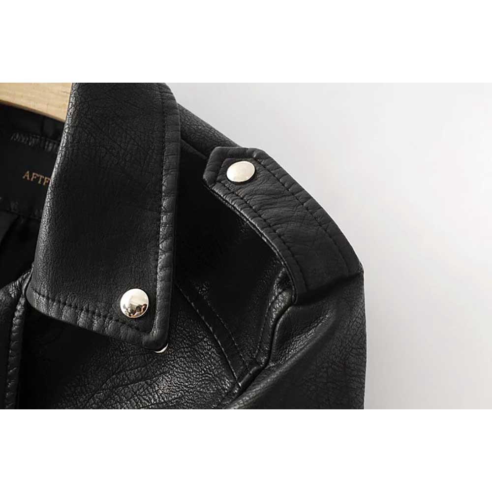 Women Autumn Casual PU Leather Short Coat With Diagonal Zipper Size M - Black