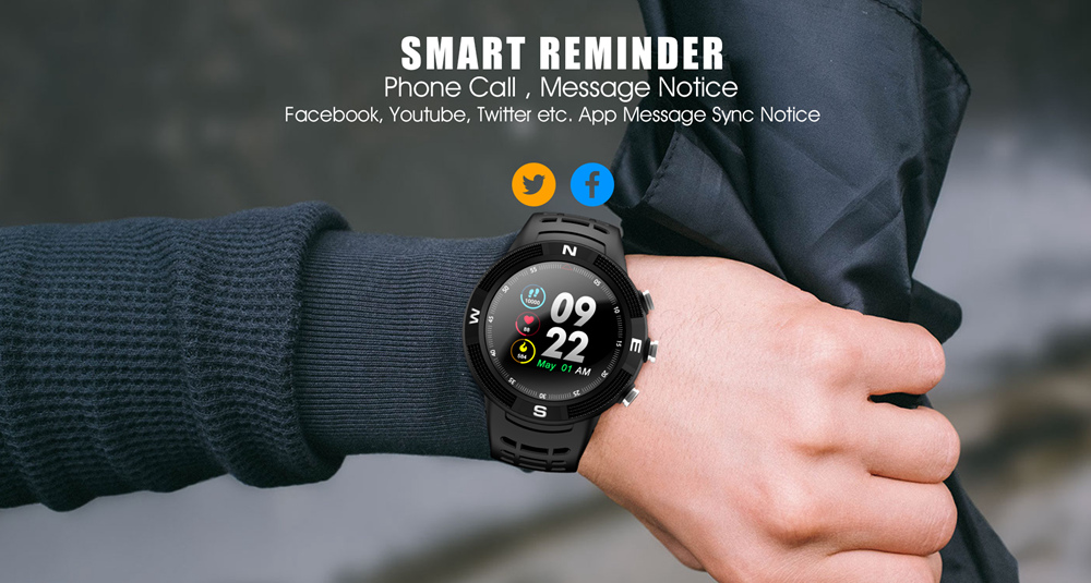 DTNO.I NO.1 F18 Sports Smartwatch 1.3 Inch TFT Touch Screen Bluetooth 4.2 IP68 Built-in GPS Heart Rate Monitor Call Message Reminder - Black