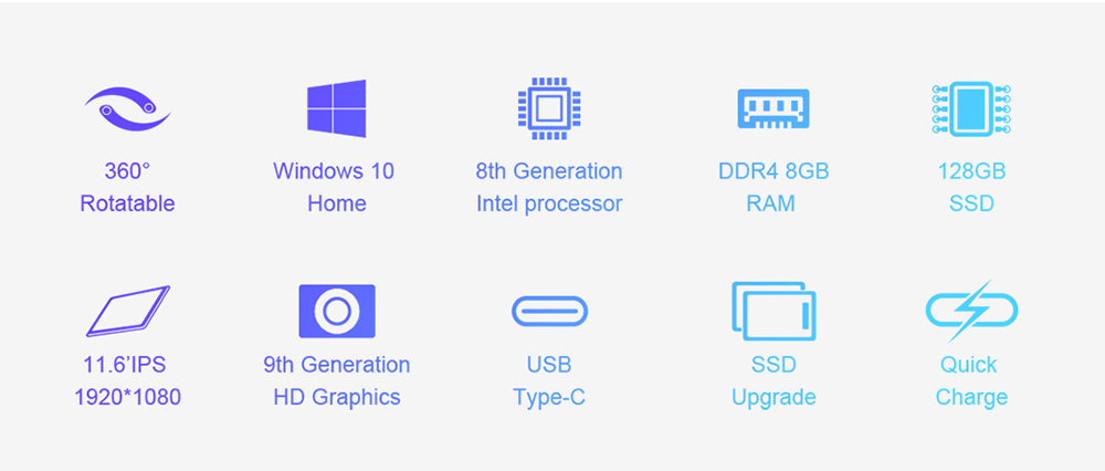 Teclast F5 Laptop Intel Gemini Lake N4100 Quad Core 11.6 Inch 360 Degree Rotating Touch Screen 1920*1080 Windows 10 8GB RAM 128GB SSD - Grey