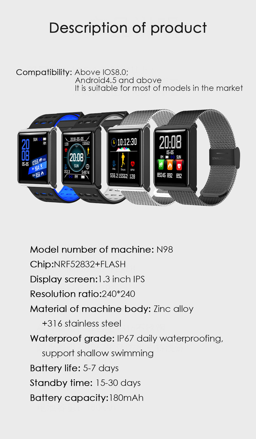 Makibes CK02 Smartwatch 1.3 Inch TFT Screen Fitness Tracker Blood Pressure Heart Rate Monitor IP67 Waterproof - Silver