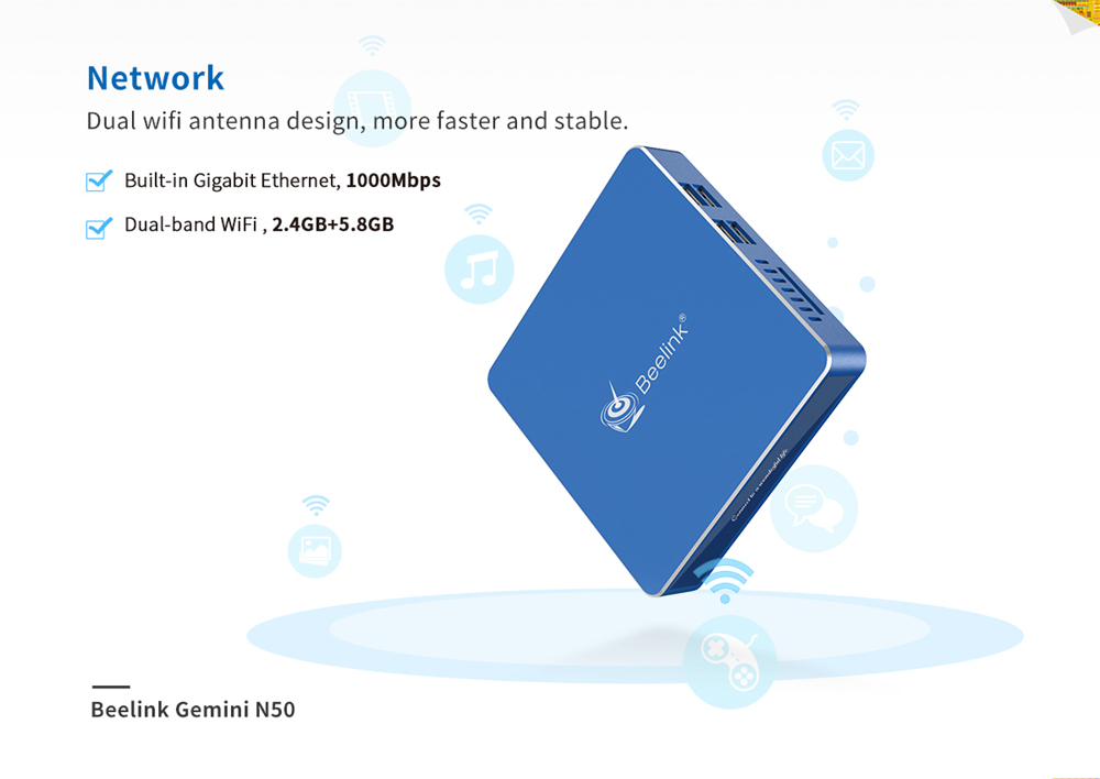 Beelink Gemini N50 Intel Gemini Lake N5000 8GB LPDDR4 128GB SSD Windows 10 Mini PC Dual Band WIFI Gigabit LAN Bluetooth USB3.0*4 HDMI*2 - Blue