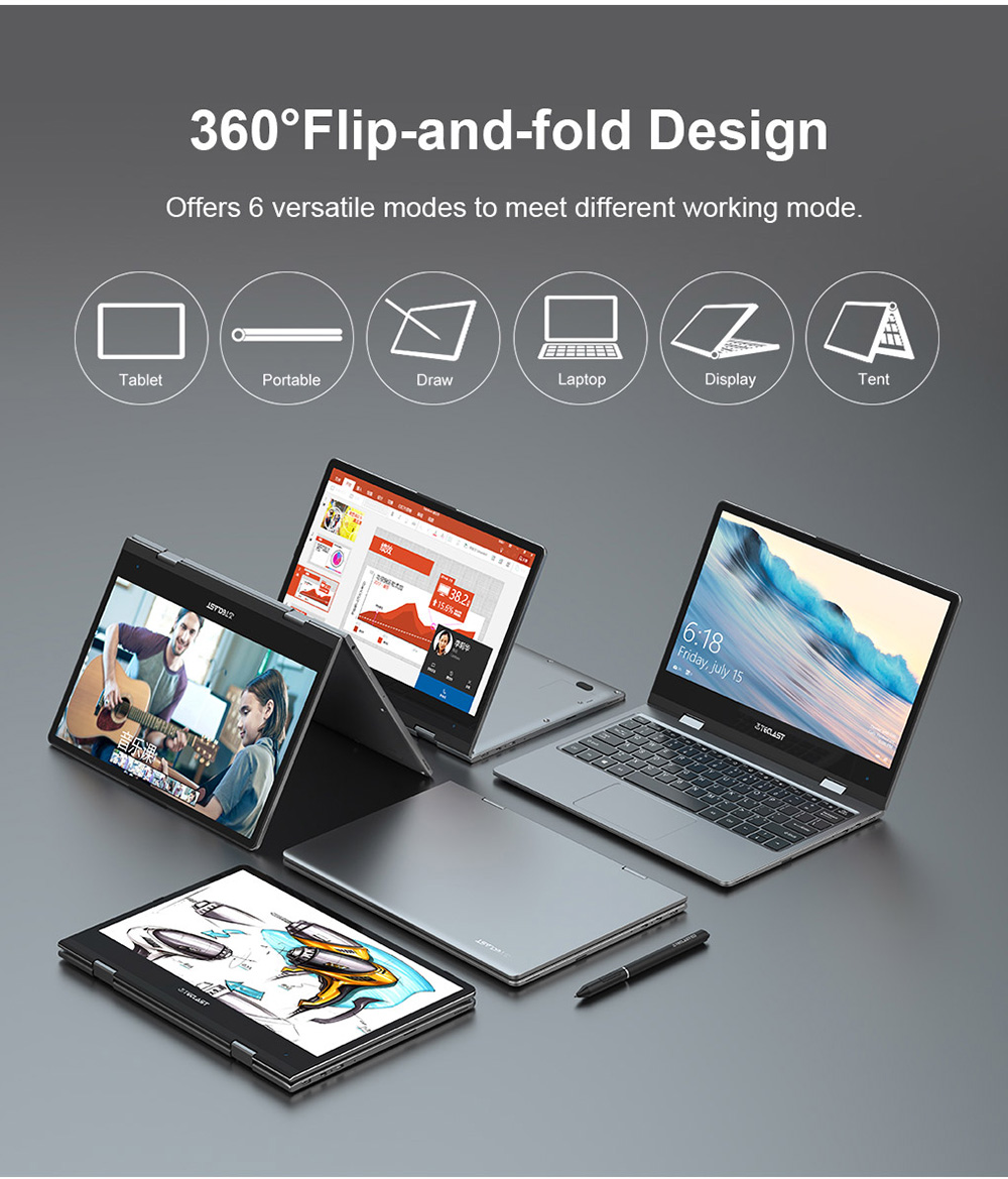 Teclast F5 Laptop Intel Gemini Lake N4100 Quad Core 11.6 Inch 360 Degree Rotating Touch Screen 1920*1080 Windows 10 8GB RAM 128GB SSD - Grey