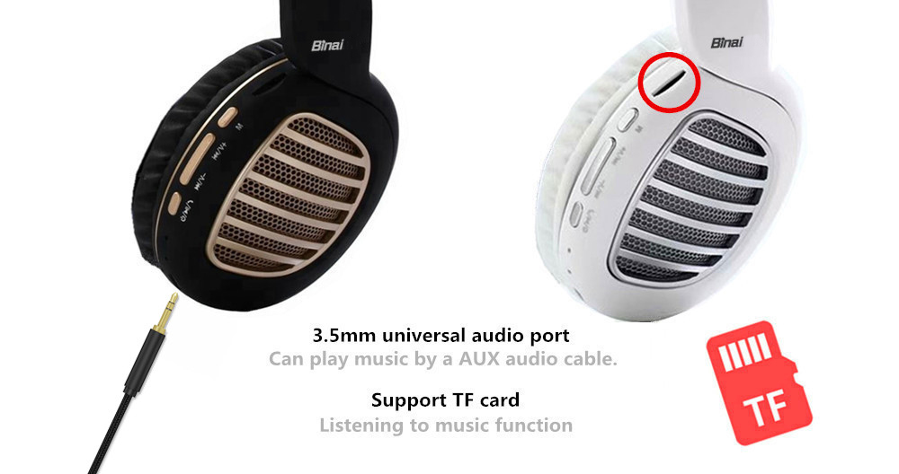 Binai V79 Wireless Bluetooth Headphones with Mic FM Radio Bass Stereo Headset for Android/IOS - Black & Silver
