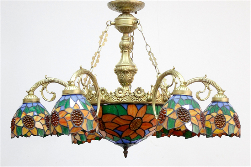 FUMAT Sunflower Stained Glass Lampshade Chandeliers European Classic Ceiling Light Tiffany Glass Lights For Living Room