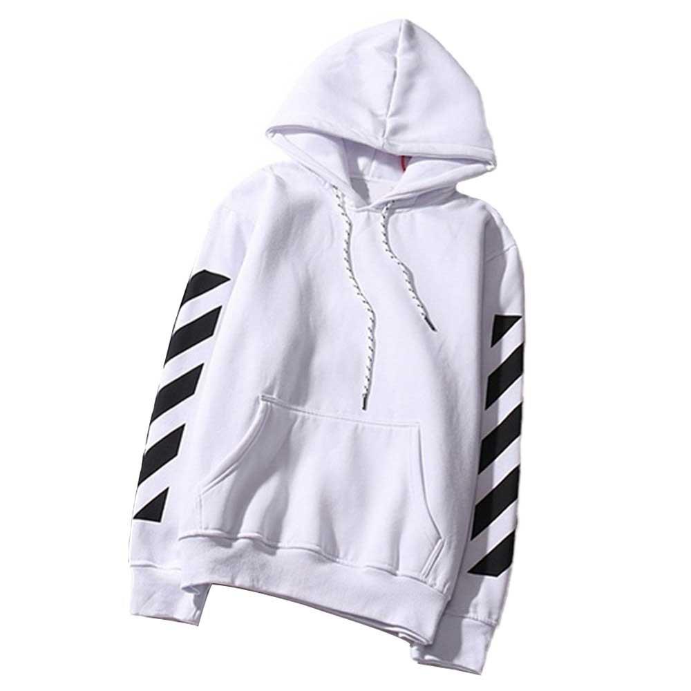 Women Autumn Long-sleeved Blouse Digital Printed Striped Cotton Hoodie Sweatshirt Size XL - White