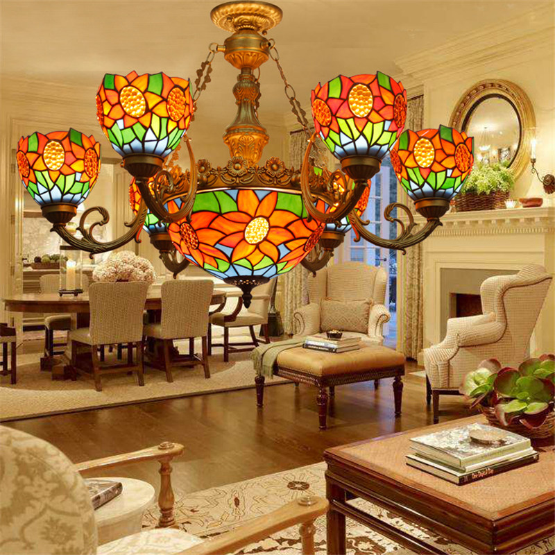 FUMAT Sunflower Stained Glass Lampshade Chandeliers European Classic Ceiling Light Tiffany Glass Lights For Living Room