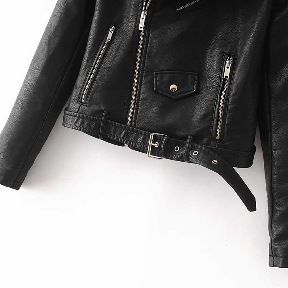 Women Autumn Casual PU Leather Short Coat With Diagonal Zipper Size M - Black