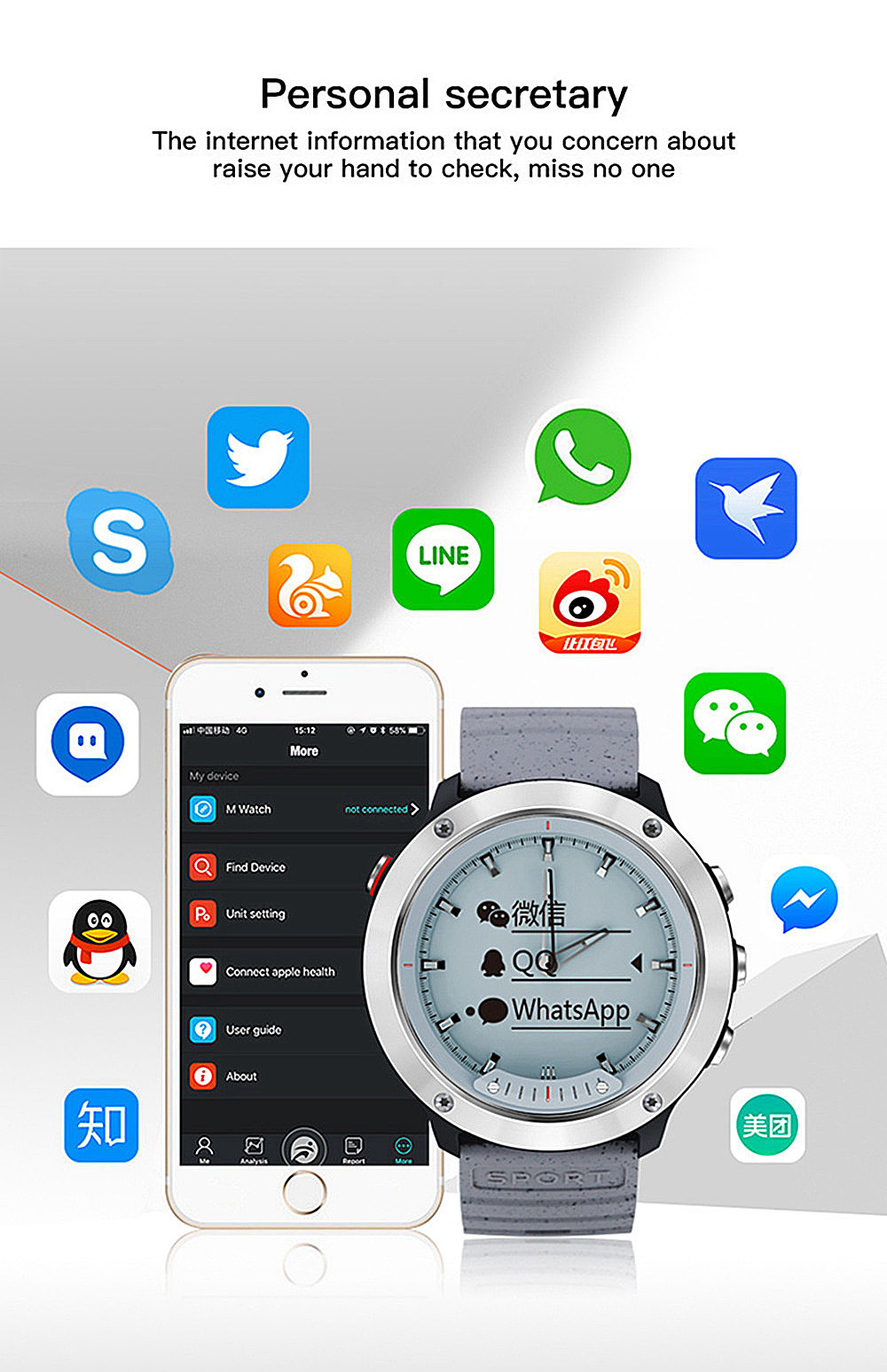 Makibes M5 Sports Smart Watch 5ATM Water Resistant Heart Rate Monitor Transparent Screen Luminous Dial TPU Strap - Black