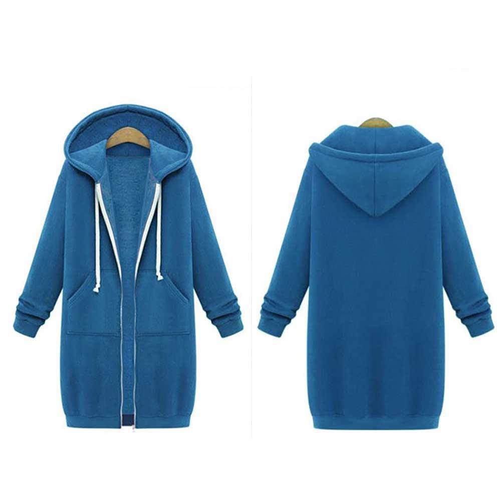 Women Autumn Long-sleeved Hoodie Sweatshirt Zipper Ladies Coat Size 5XL - Blue