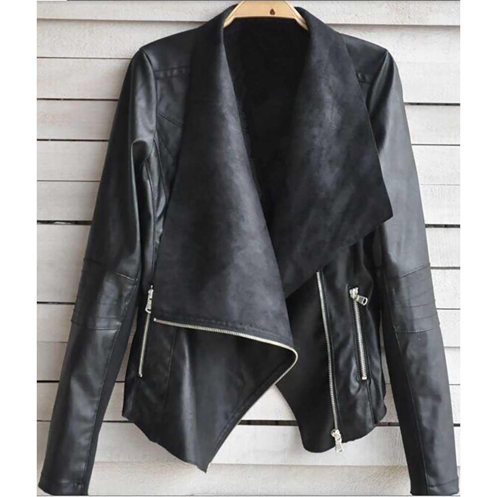 New Women PU Leather Jacket Irregular Lapel Side Zippers Coat Size XXL - Black