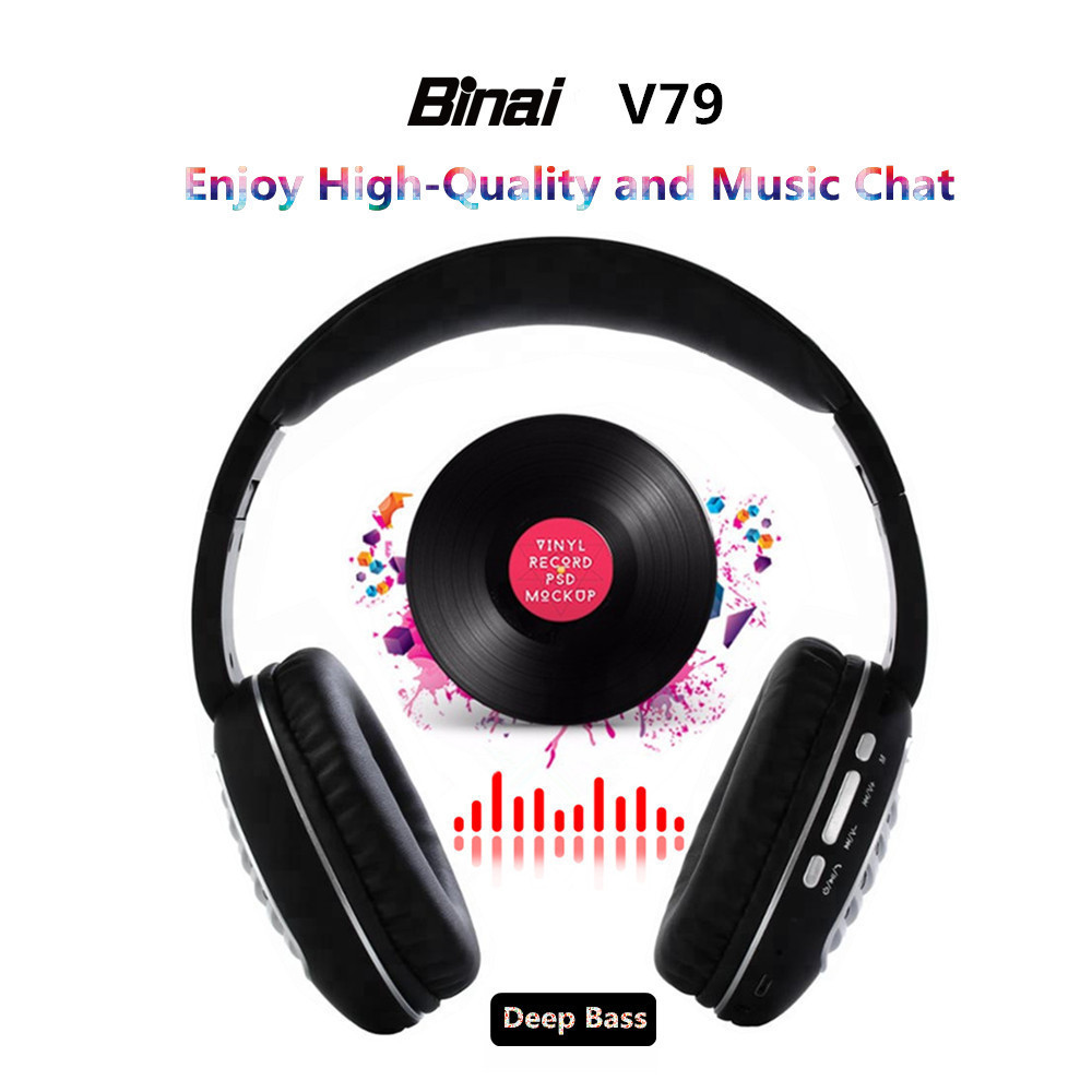 Binai V79 Wireless Bluetooth Headphones with Mic FM Radio Bass Stereo Headset for Android/IOS - Black & Silver