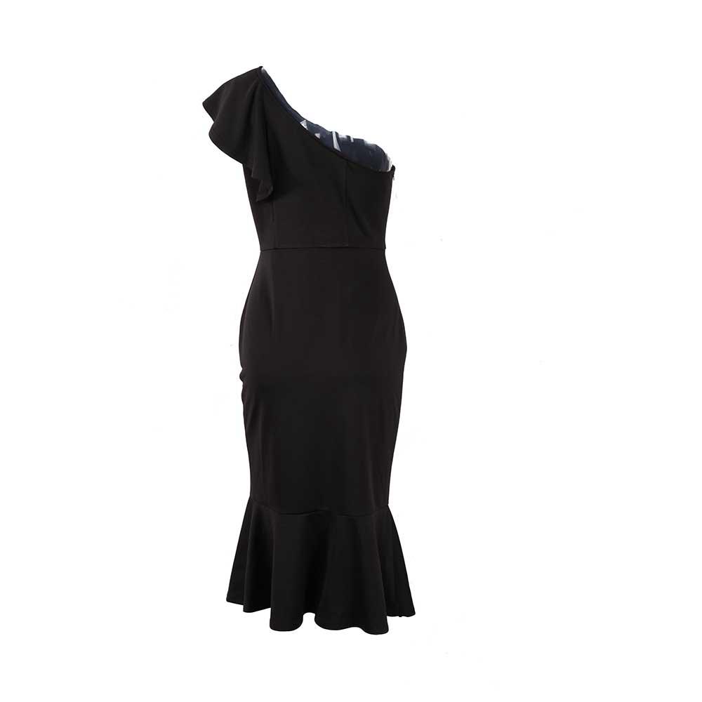 Women Slim Strapless Asymmetrical Ruffle Dress Size L - Black