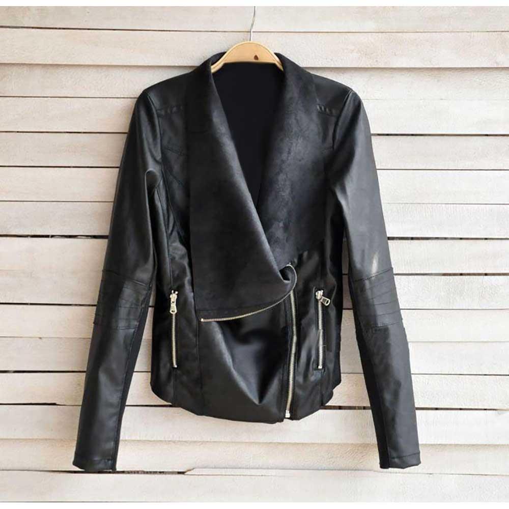 New Women PU Leather Jacket Irregular Lapel Side Zippers Coat Size XXL - Black