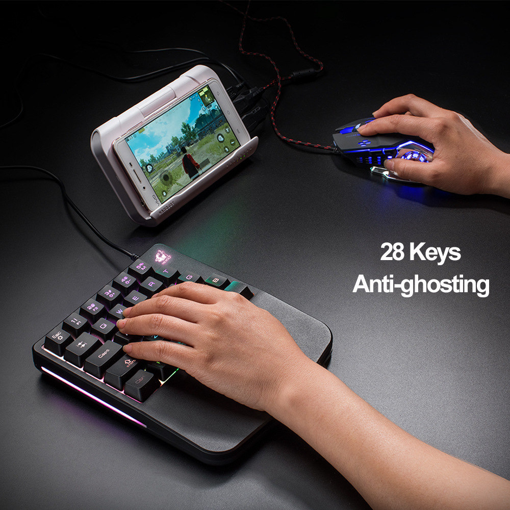 Free Wolf K11 Wired One-hand Membrane Gaming Keyboard Ergonomic Design Rainbow LED Backlit 28 Keys Anti-ghosting - Black