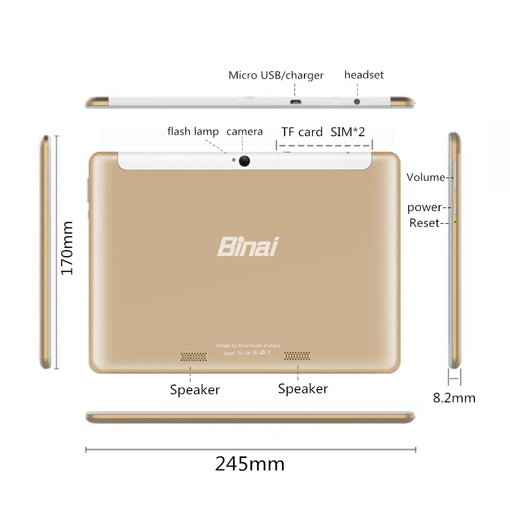Binai Mini10 4G Tablet PC MTK6753 Deca Core 10.1 Inch IPS 1920*1200 Dual SIM Dual Standby Android 7.0 2GB RAM 32GB ROM - Black
