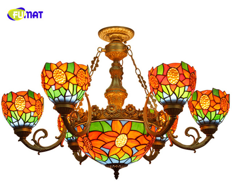 FUMAT Sunflower Stained Glass Lampshade Chandeliers European Classic Ceiling Light Tiffany Glass Lights For Living Room
