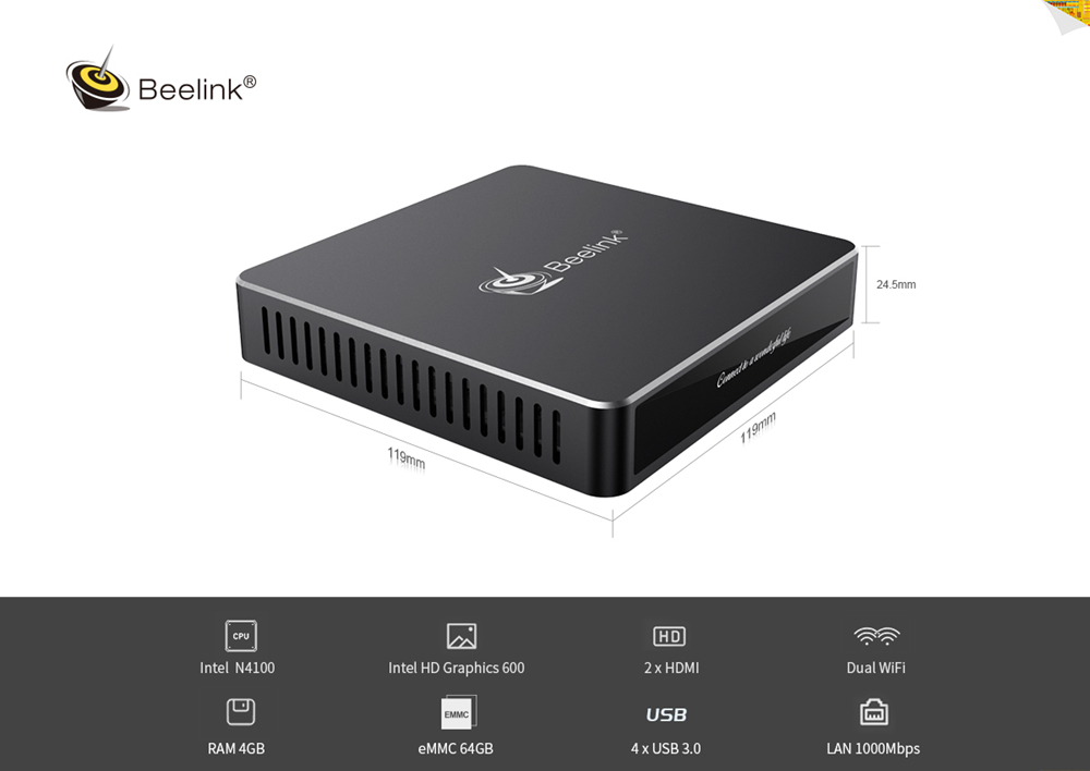 Beelink Gemini N41 Intel Gemini Lake N4100 4GB LPDDR4 64GB eMMC Windows 10 Mini PC Dual Band WIFI Gigabit LAN Bluetooth USB3.0*4 HDMI*2