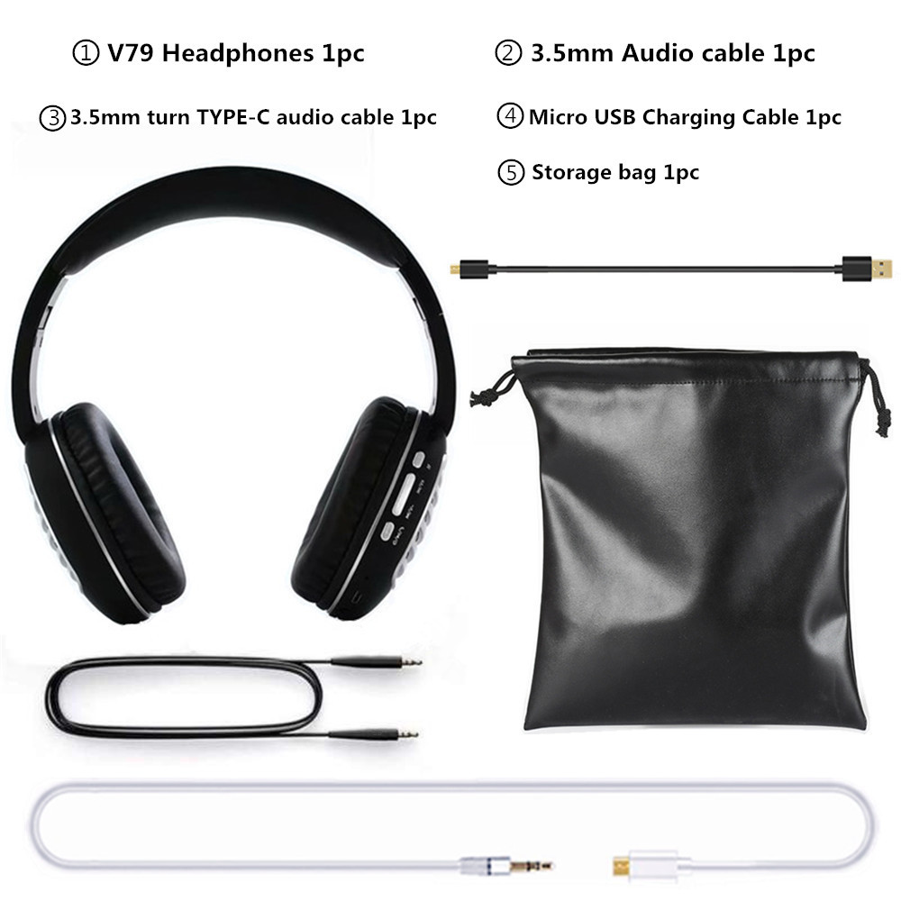 Binai V79 Wireless Bluetooth Headphones with Mic FM Radio Bass Stereo Headset for Android/IOS - Black & Silver
