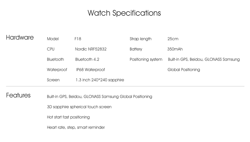 DTNO.I NO.1 F18 Sports Smartwatch 1.3 Inch TFT Touch Screen Bluetooth 4.2 IP68 Built-in GPS Heart Rate Monitor Call Message Reminder - Black