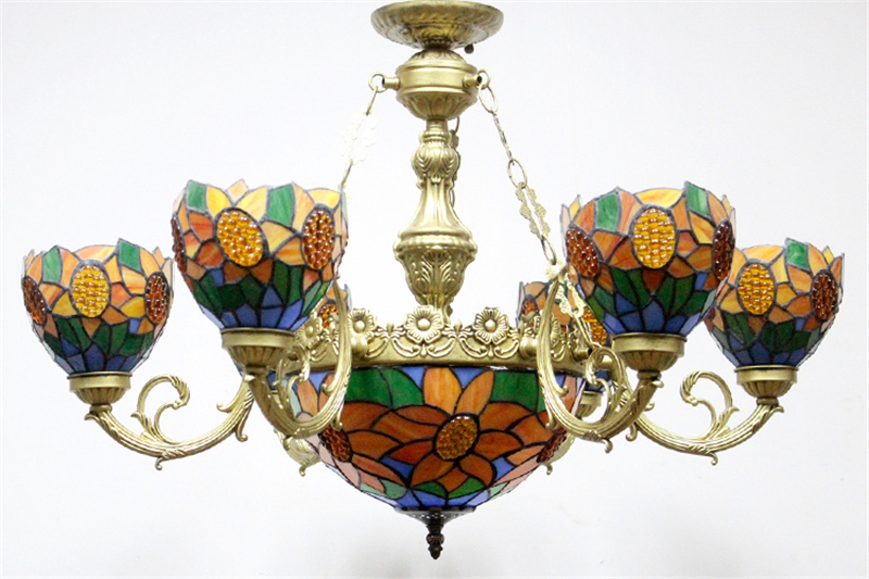 FUMAT Sunflower Stained Glass Lampshade Chandeliers European Classic Ceiling Light Tiffany Glass Lights For Living Room