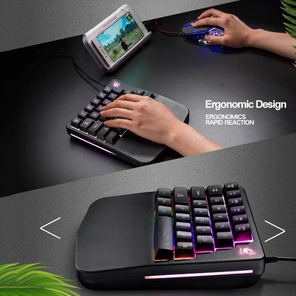 Free Wolf K11 Wired One-hand Membrane Gaming Keyboard Ergonomic Design Rainbow LED Backlit 28 Keys Anti-ghosting - Black