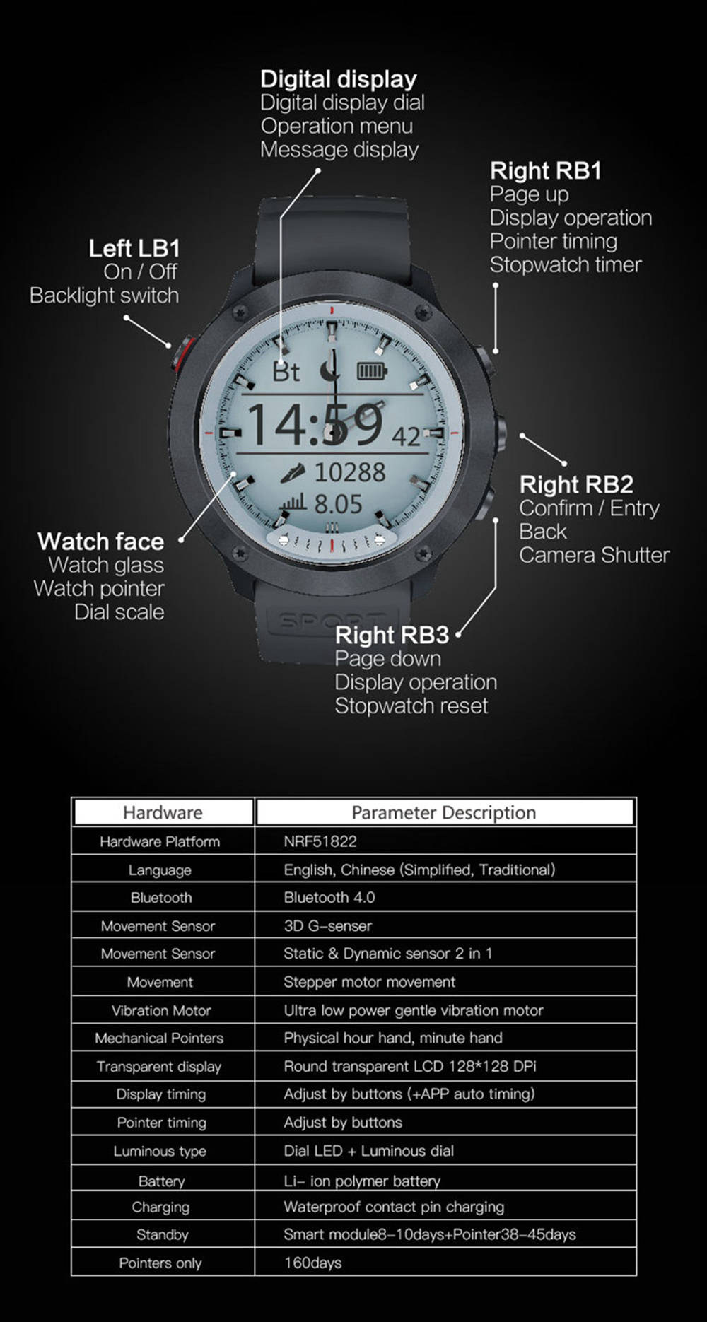 Makibes M5 Sports Smart Watch 5ATM Water Resistant Heart Rate Monitor Transparent Screen Luminous Dial TPU Strap - Black