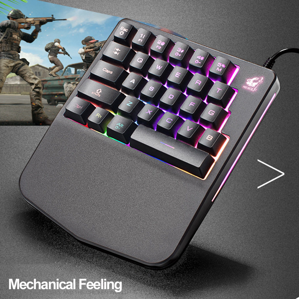 Free Wolf K11 Wired One-hand Membrane Gaming Keyboard Ergonomic Design Rainbow LED Backlit 28 Keys Anti-ghosting - Black