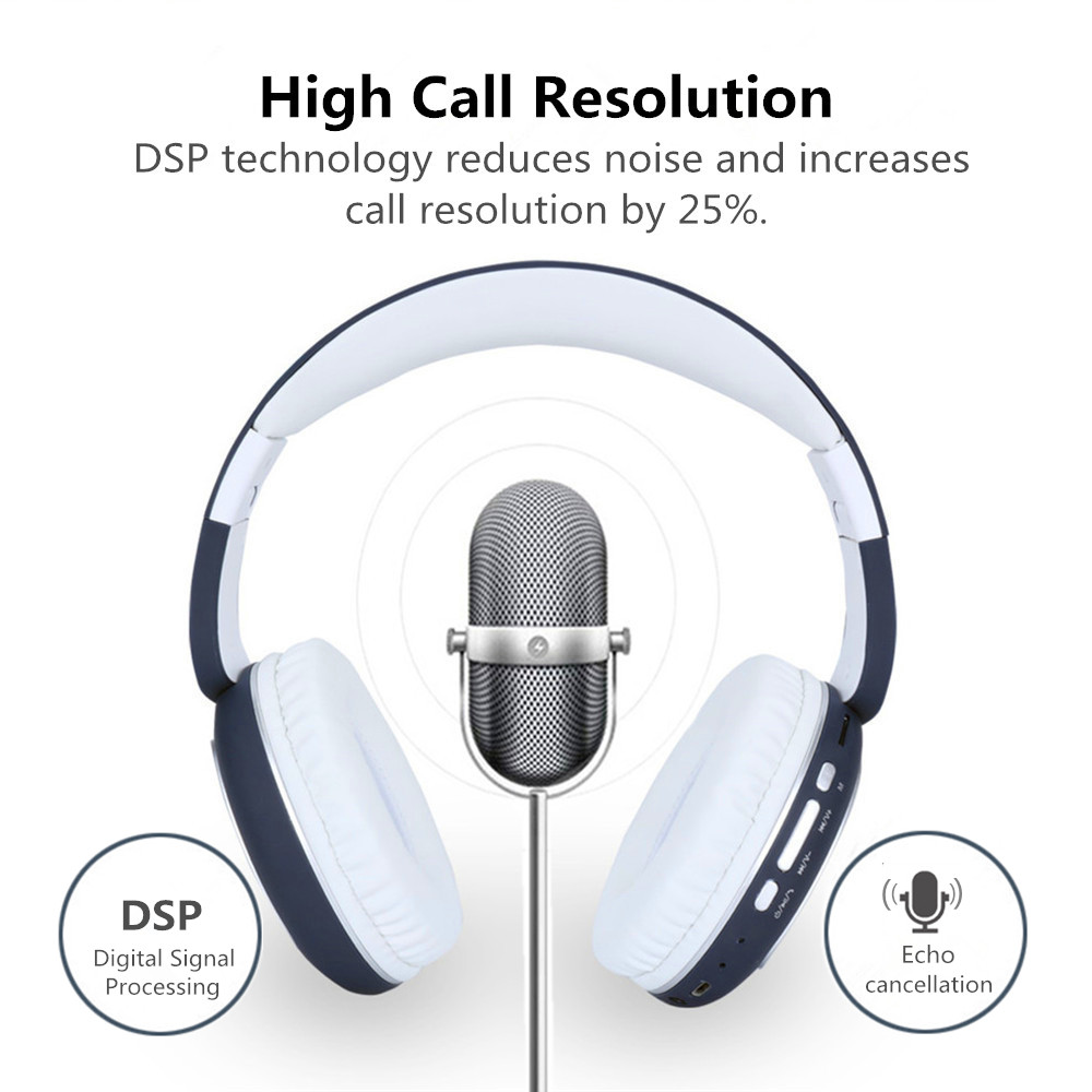 Binai V79 Wireless Bluetooth Headphones with Mic FM Radio Bass Stereo Headset for Android/IOS - Blue &White