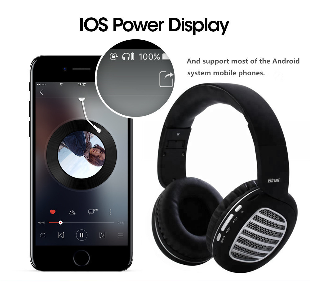 Binai V79 Wireless Bluetooth Headphones with Mic FM Radio Bass Stereo Headset for Android/IOS - Blue &White