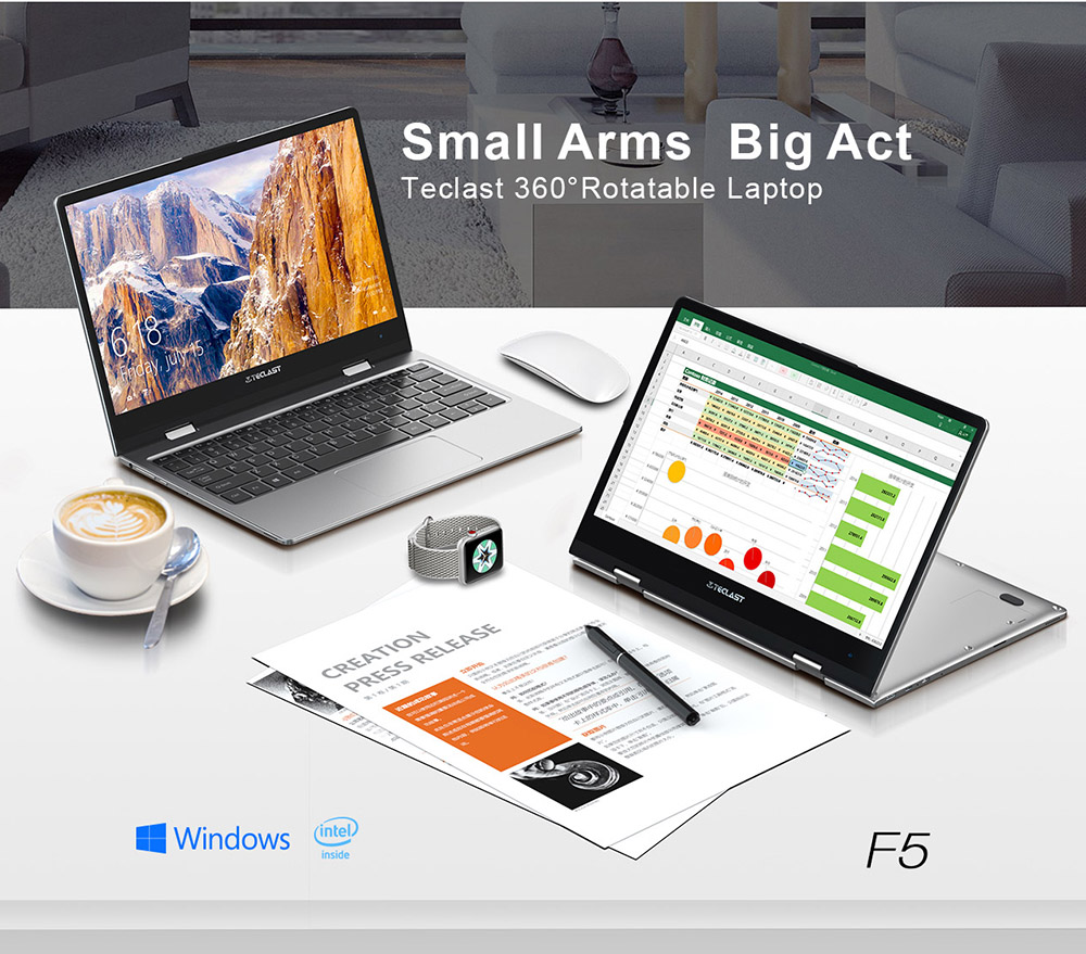 Teclast F5 Laptop Intel Gemini Lake N4100 Quad Core 11.6 Inch 360 Degree Rotating Touch Screen 1920*1080 Windows 10 8GB RAM 128GB SSD - Grey