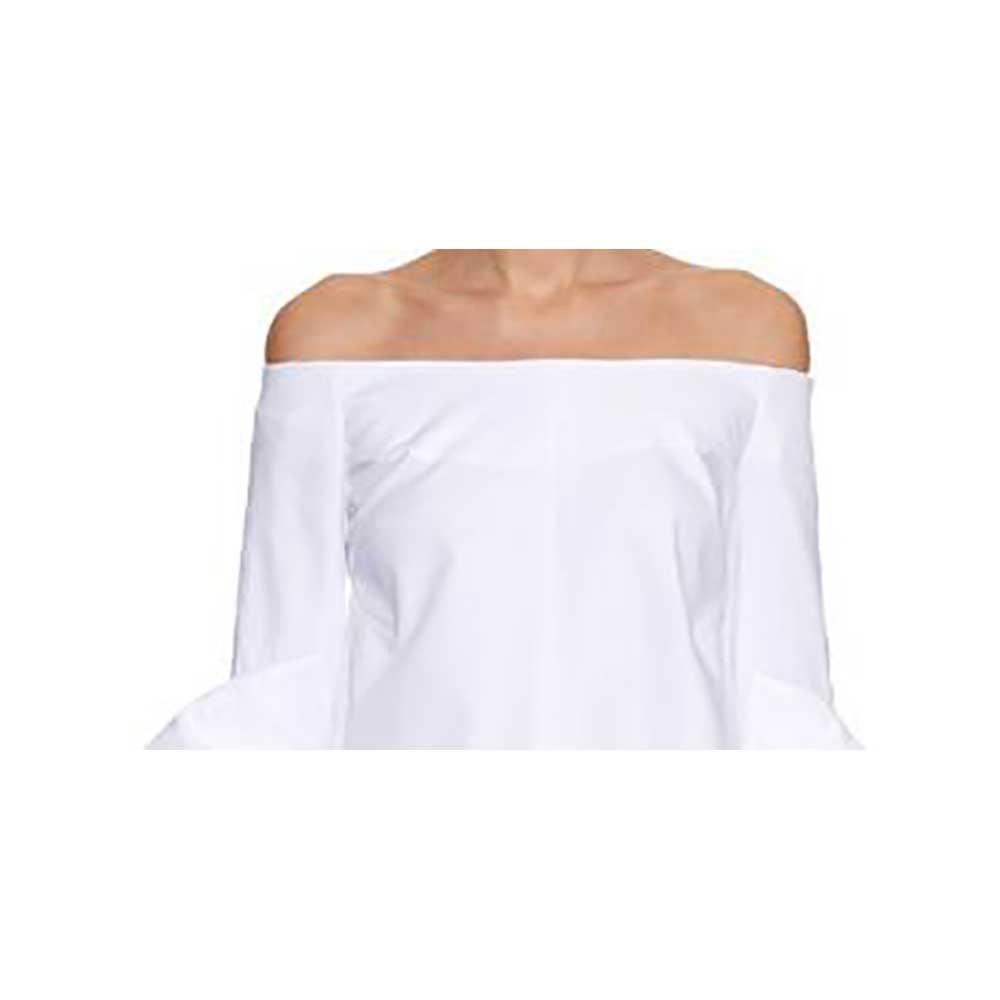 Women Off Shoulder Spiral-wave Trumpet Sleeve Solid Shirt Size L - White