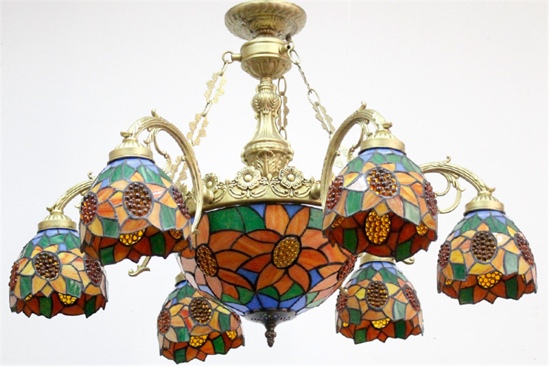 FUMAT Sunflower Stained Glass Lampshade Chandeliers European Classic Ceiling Light Tiffany Glass Lights For Living Room