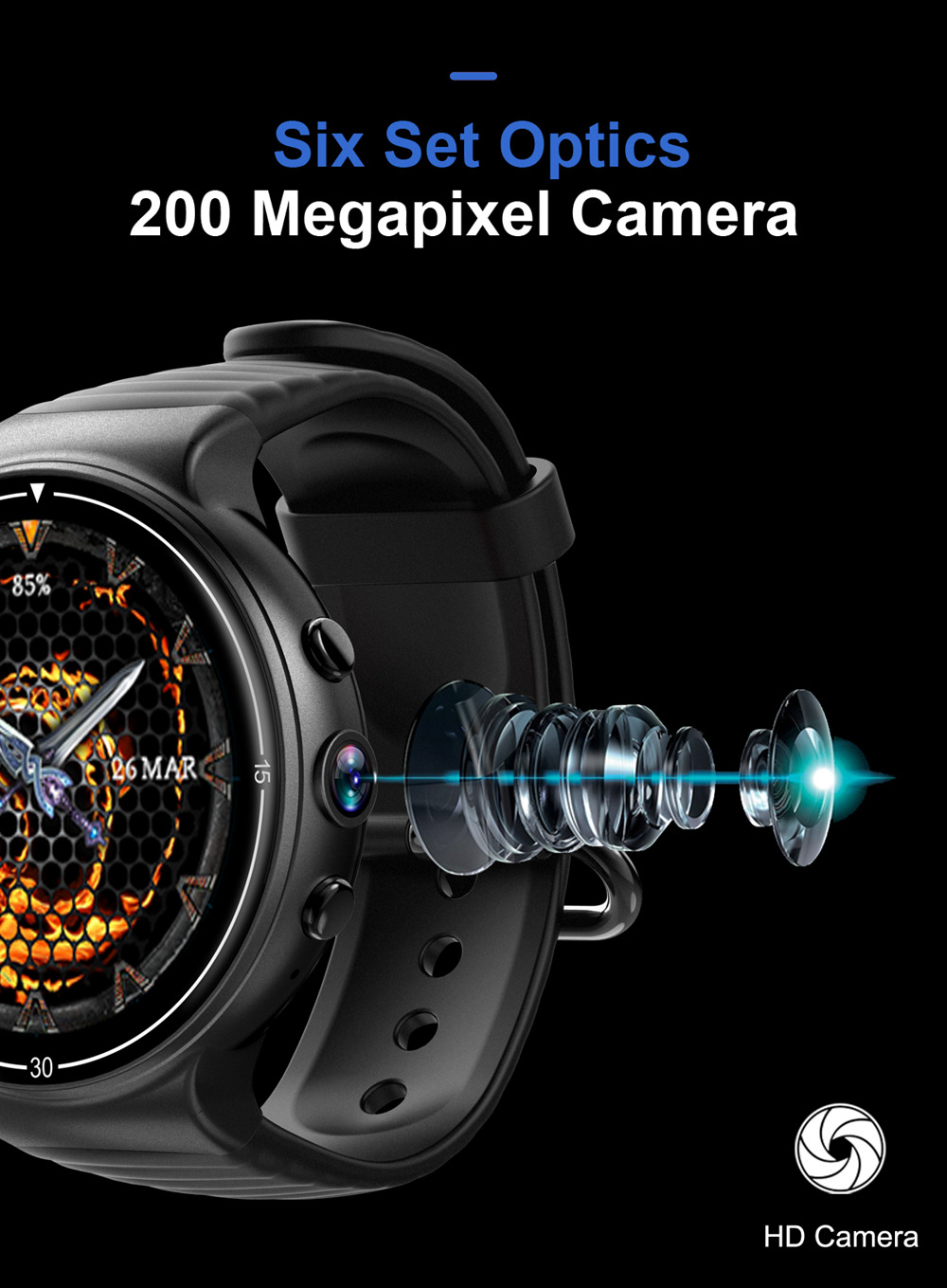 Makibes MK02 4G Smartwatch Phone Android 7.0 MTK6737 Quad Core 1G RAM 16G ROM GPS WiFi Heart Rate Video - Black
